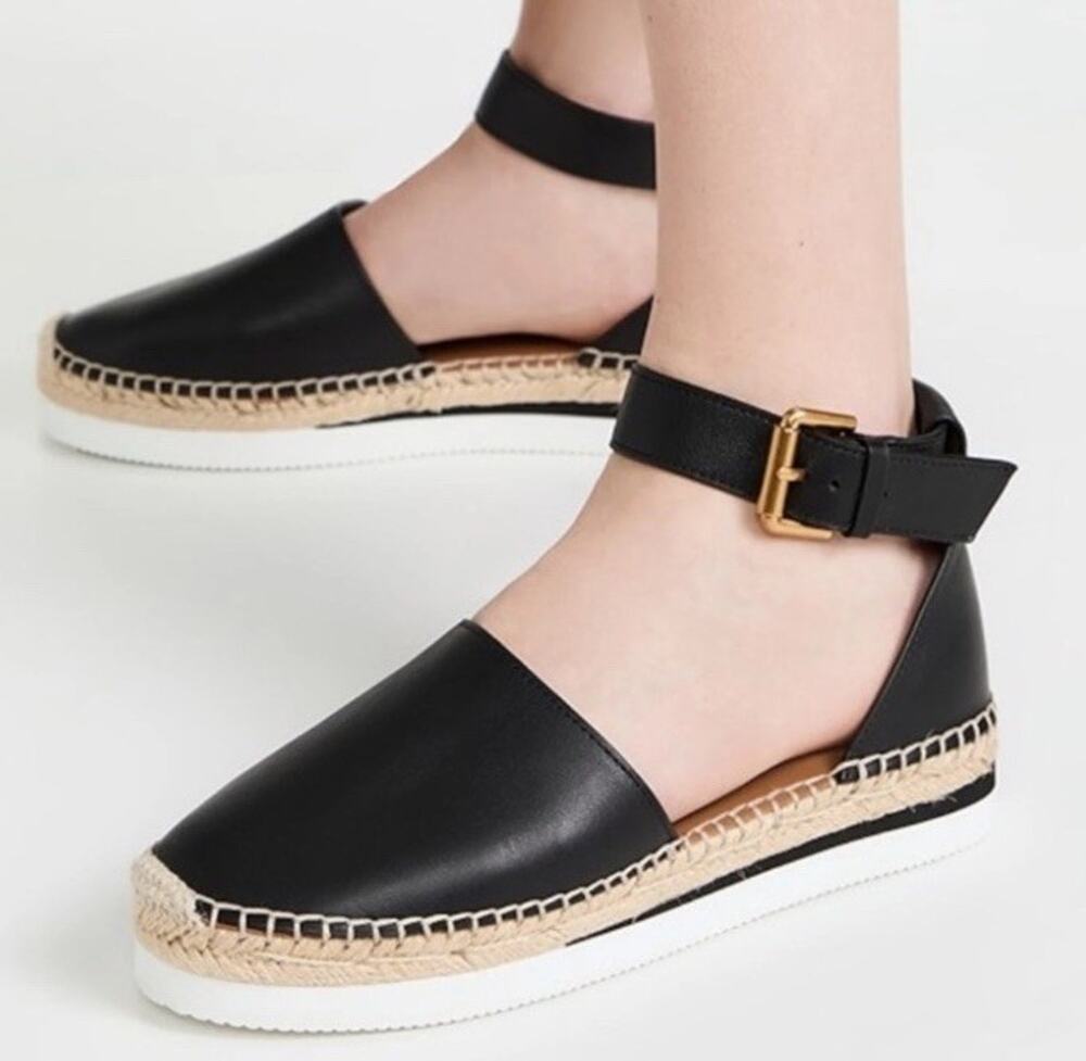 See by Chloe Glyn Espadrille Black Leather Ankle Strap Quiet Luxury Sz 41 US 10